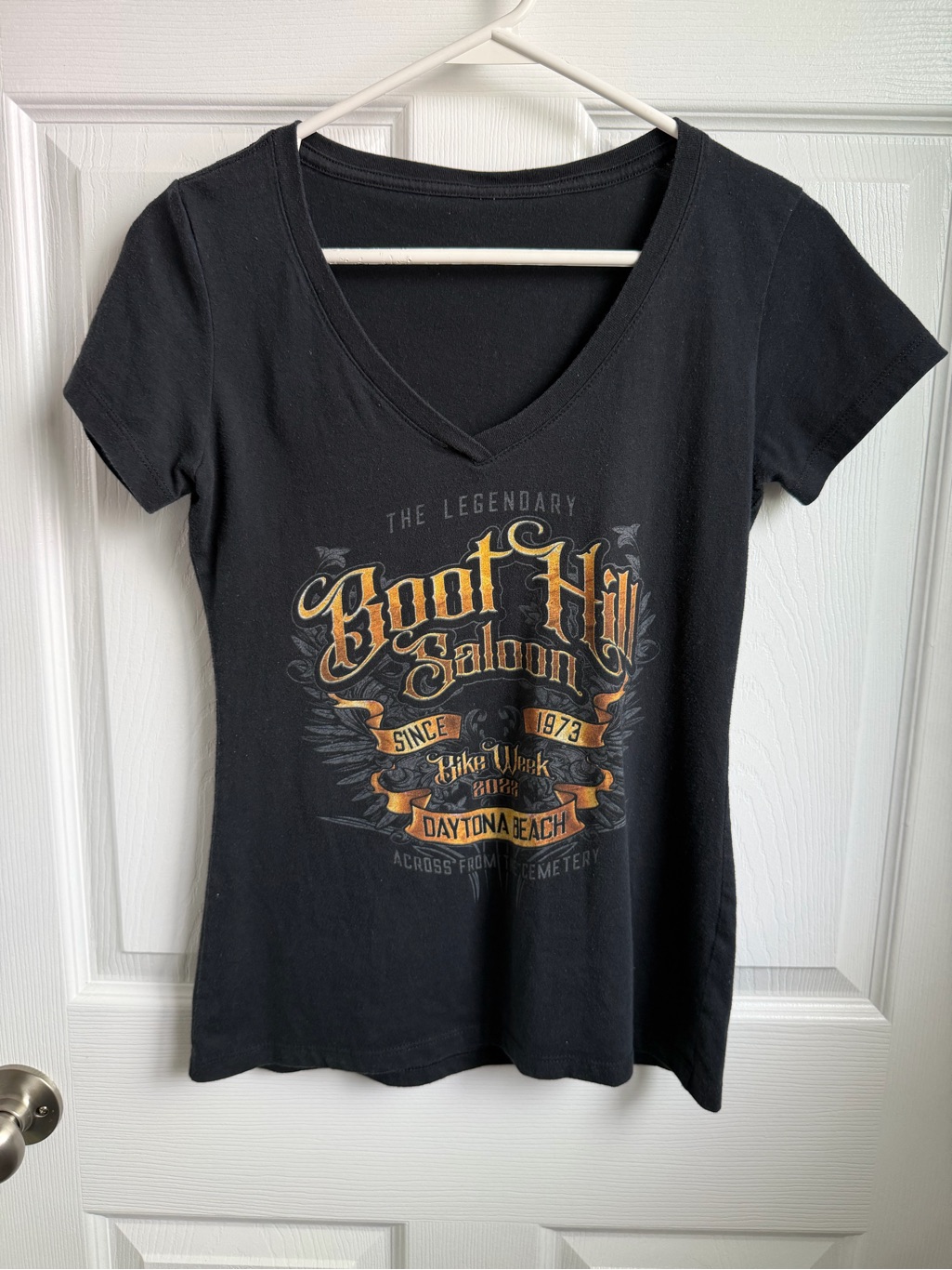Boot Hill Saloon Womens Black VNeck Short Sleeve Graphic Tee Daytona Beach